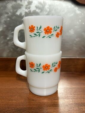 Vintage Termocrisa Floral Milk Glass - Mugs - set of 2 - Orange Flowers - HTF